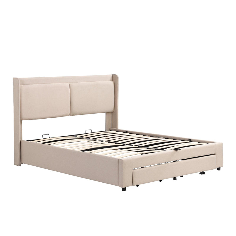 Queen Size Storage Upholstered Hydraulic Platform Bed with 2 Drawers, Beige - Supfirm