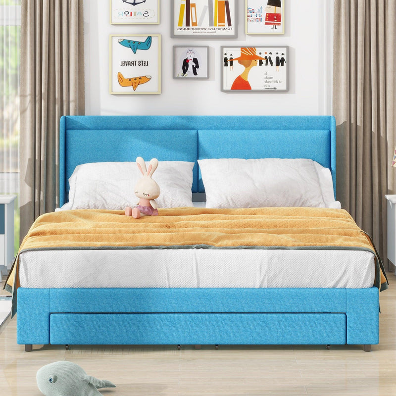 Queen Size Storage Upholstered Hydraulic Platform Bed with 2 Drawers, Blue - Supfirm