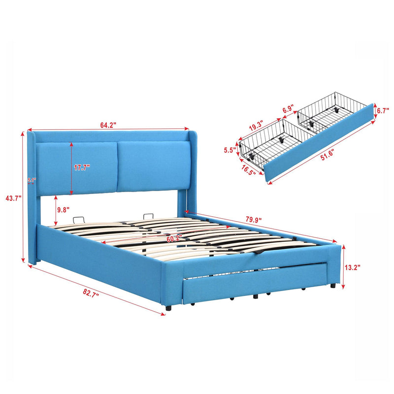 Queen Size Storage Upholstered Hydraulic Platform Bed with 2 Drawers, Blue - Supfirm