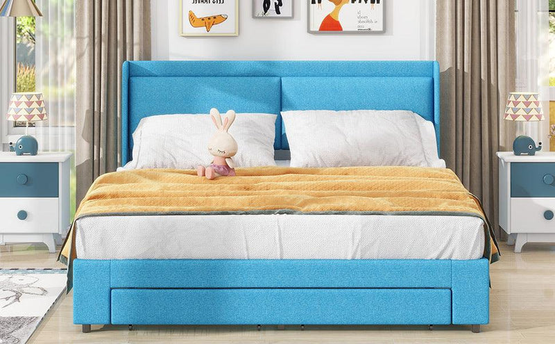 Queen Size Storage Upholstered Hydraulic Platform Bed with 2 Drawers, Blue - Supfirm