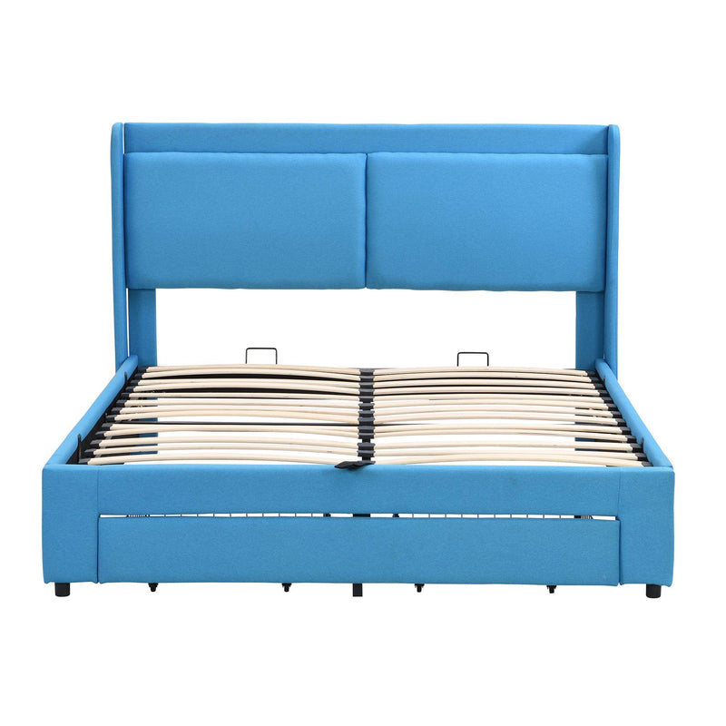 Queen Size Storage Upholstered Hydraulic Platform Bed with 2 Drawers, Blue - Supfirm