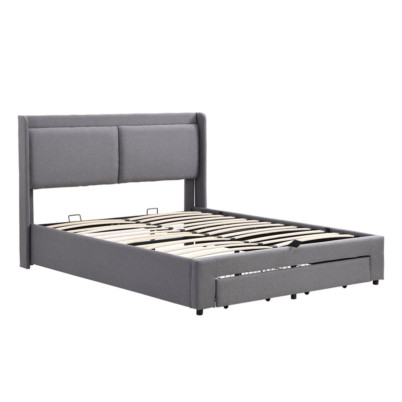 Queen Size Storage Upholstered Hydraulic Platform Bed with 2 Drawers, Gray - Supfirm