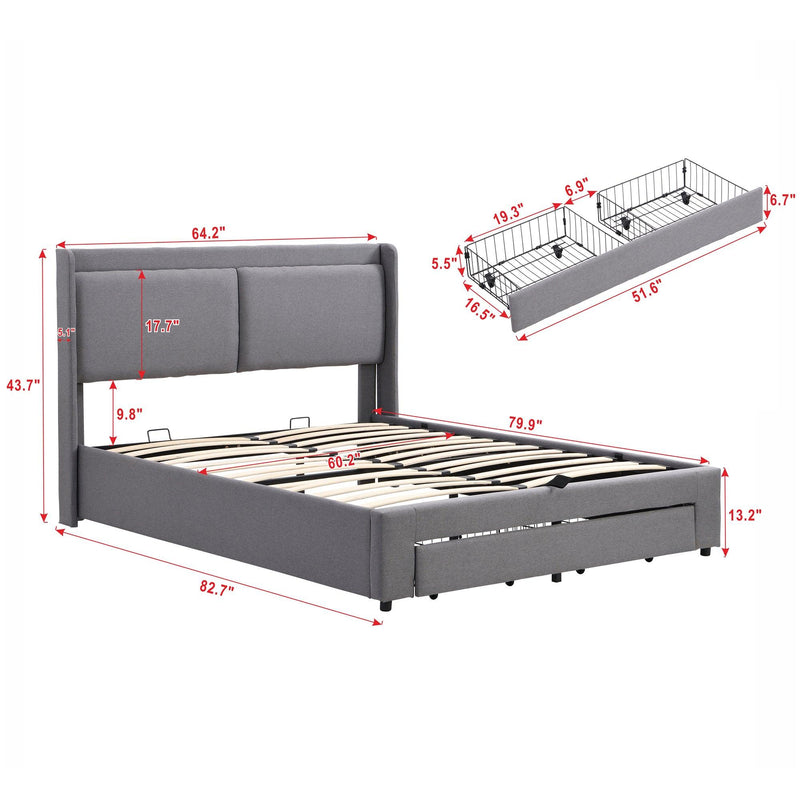 Queen Size Storage Upholstered Hydraulic Platform Bed with 2 Drawers, Gray - Supfirm