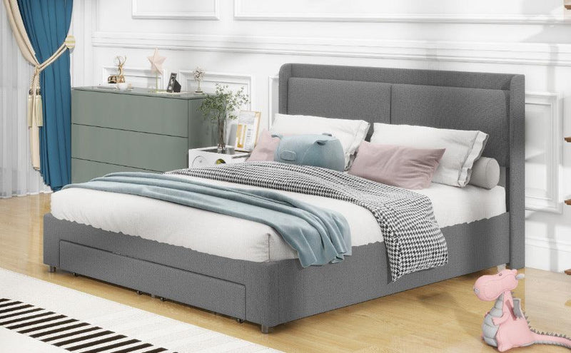 Queen Size Storage Upholstered Hydraulic Platform Bed with 2 Drawers, Gray - Supfirm