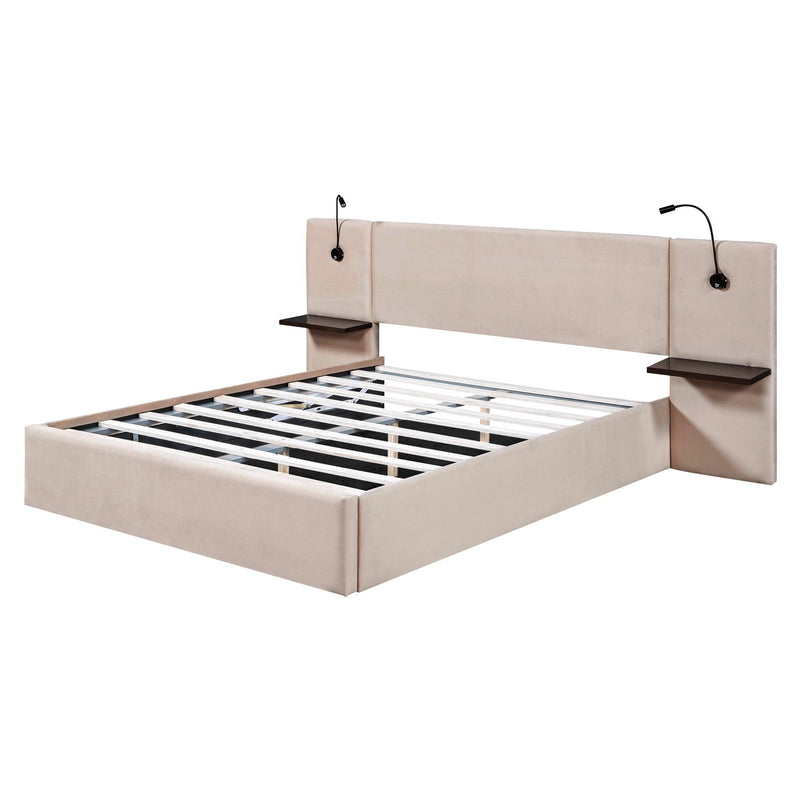 Queen Size Storage Upholstered Hydraulic Platform Bed with 2 Shelves, 2 Lights and USB, Beige - Supfirm