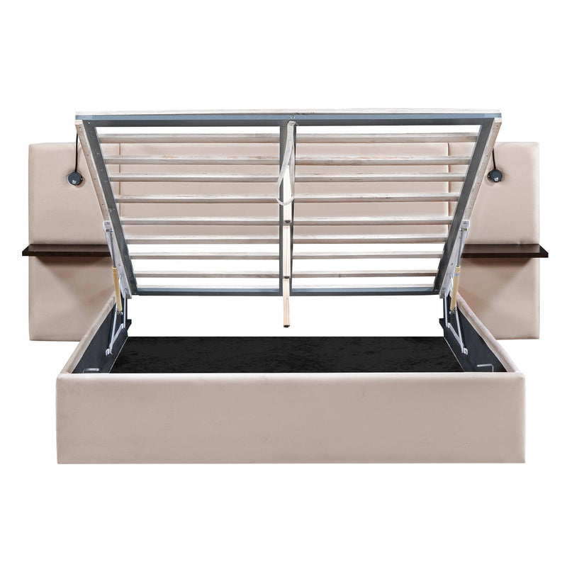Queen Size Storage Upholstered Hydraulic Platform Bed with 2 Shelves, 2 Lights and USB, Beige - Supfirm