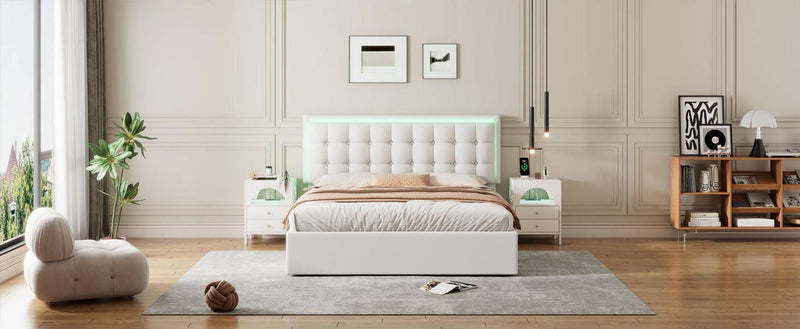 Queen Size Tufted Upholstered Platform Bed with Hydraulic Storage System,PU Storage Bed with LED Lights,White - Supfirm