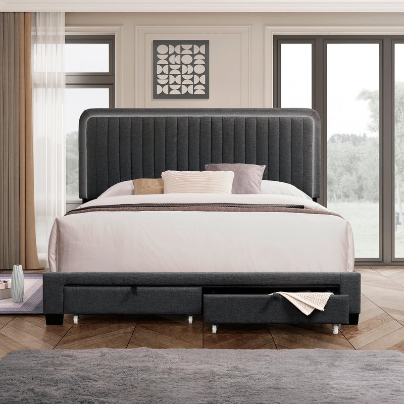 QUEEN SIZE UPHOLSTERED BED WITH ADJUSTABLE HEIGHT / MATTRESS 10 TO 14 INCHES / LED DESIGN WITH FOOTBOARD DRAWERS STORAGE / NO BOX SPRING REQUIRED DARK GRAY - Supfirm