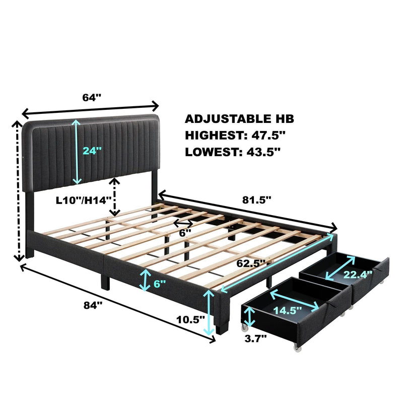 QUEEN SIZE UPHOLSTERED BED WITH ADJUSTABLE HEIGHT / MATTRESS 10 TO 14 INCHES / LED DESIGN WITH FOOTBOARD DRAWERS STORAGE / NO BOX SPRING REQUIRED DARK GRAY - Supfirm