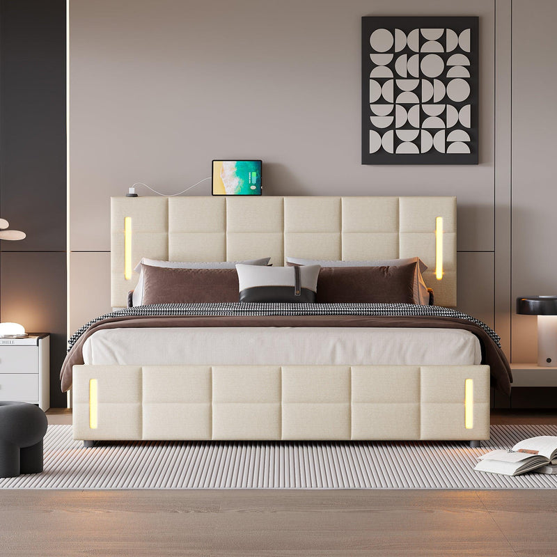 Queen Size Upholstered Bed with Hydraulic Storage System and LED Light, Beige - Supfirm