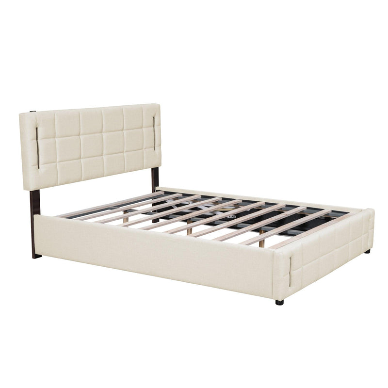 Queen Size Upholstered Bed with Hydraulic Storage System and LED Light, Beige - Supfirm