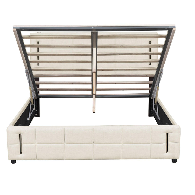 Queen Size Upholstered Bed with Hydraulic Storage System and LED Light, Beige - Supfirm