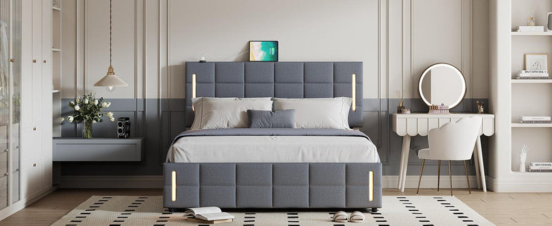 Queen Size Upholstered Bed with Hydraulic Storage System and LED Light, Gray - Supfirm