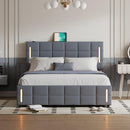 Queen Size Upholstered Bed with Hydraulic Storage System and LED Light, Gray - Supfirm