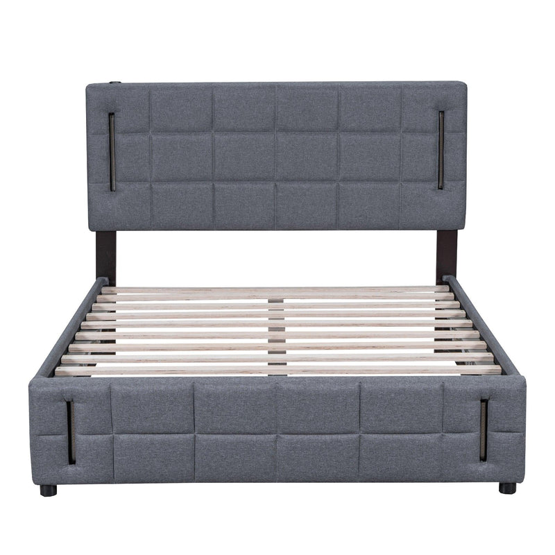 Queen Size Upholstered Bed with Hydraulic Storage System and LED Light, Gray - Supfirm