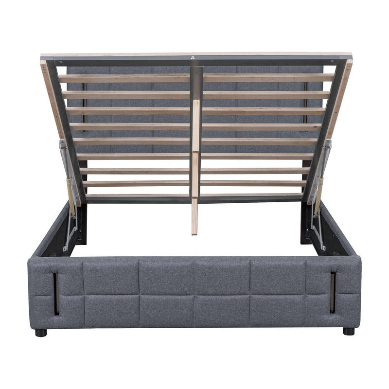 Queen Size Upholstered Bed with Hydraulic Storage System and LED Light, Gray - Supfirm