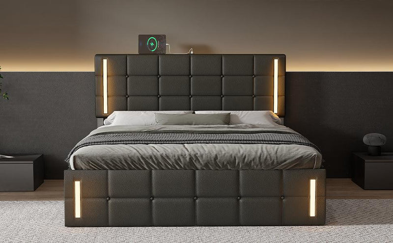 Queen Size Upholstered Bed with LED Lights,Hydraulic Storage System and USB Charging Station,Black - Supfirm