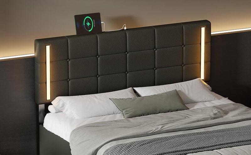 Queen Size Upholstered Bed with LED Lights,Hydraulic Storage System and USB Charging Station,Black - Supfirm