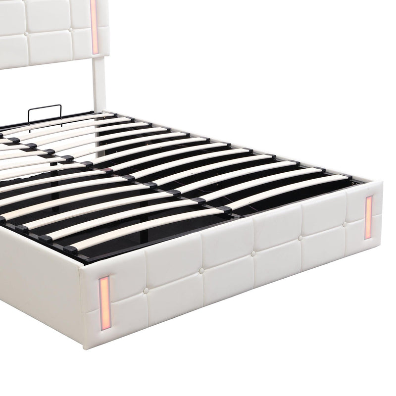 Queen Size Upholstered Bed with LED Lights,Hydraulic Storage System and USB Charging Station,White - Supfirm