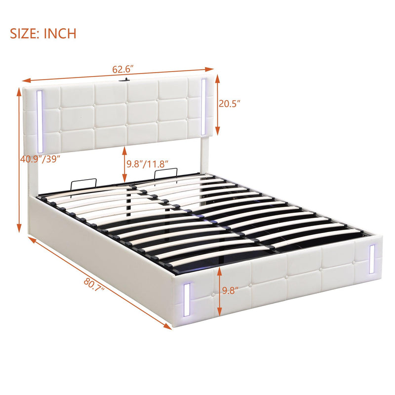 Queen Size Upholstered Bed with LED Lights,Hydraulic Storage System and USB Charging Station,White - Supfirm