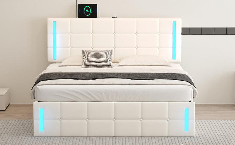 Queen Size Upholstered Bed with LED Lights,Hydraulic Storage System and USB Charging Station,White - Supfirm