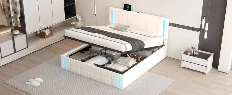 Queen Size Upholstered Bed with LED Lights,Hydraulic Storage System and USB Charging Station,White - Supfirm