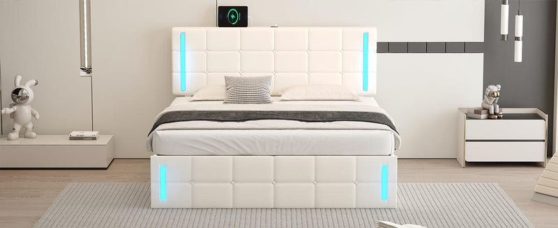 Queen Size Upholstered Bed with LED Lights,Hydraulic Storage System and USB Charging Station,White - Supfirm