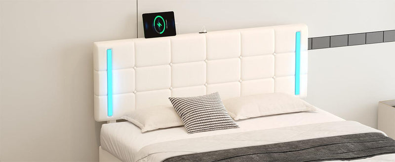 Queen Size Upholstered Bed with LED Lights,Hydraulic Storage System and USB Charging Station,White - Supfirm