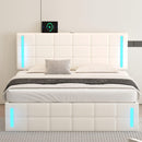 Queen Size Upholstered Bed with LED Lights,Hydraulic Storage System and USB Charging Station,White - Supfirm