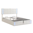 Queen Size Upholstered Bed with LED Lights,Hydraulic Storage System and USB Charging Station,White - Supfirm