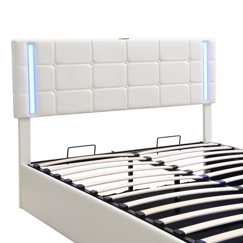 Queen Size Upholstered Bed with LED Lights,Hydraulic Storage System and USB Charging Station,White - Supfirm