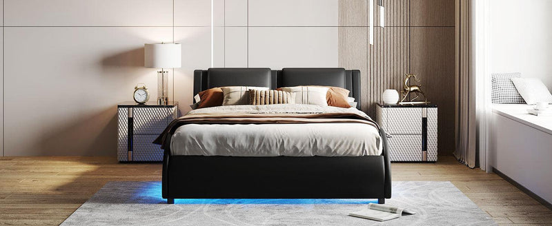 Queen Size Upholstered Faux Leather Platform Bed with LED Light Bed Frame with Slatted - Black - Supfirm