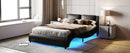 Queen Size Upholstered Faux Leather Platform Bed with LED Light Bed Frame with Slatted - Black - Supfirm