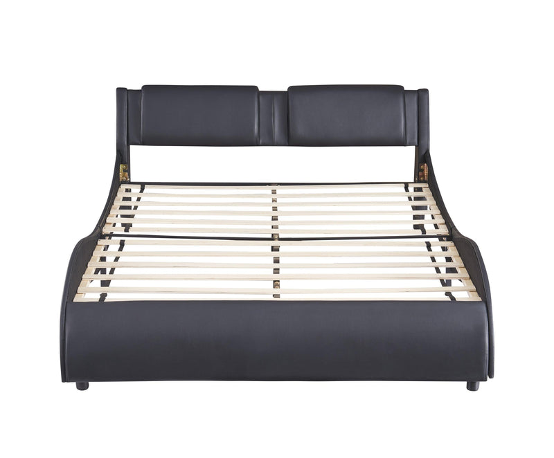 Queen Size Upholstered Faux Leather Platform Bed with LED Light Bed Frame with Slatted - Black - Supfirm