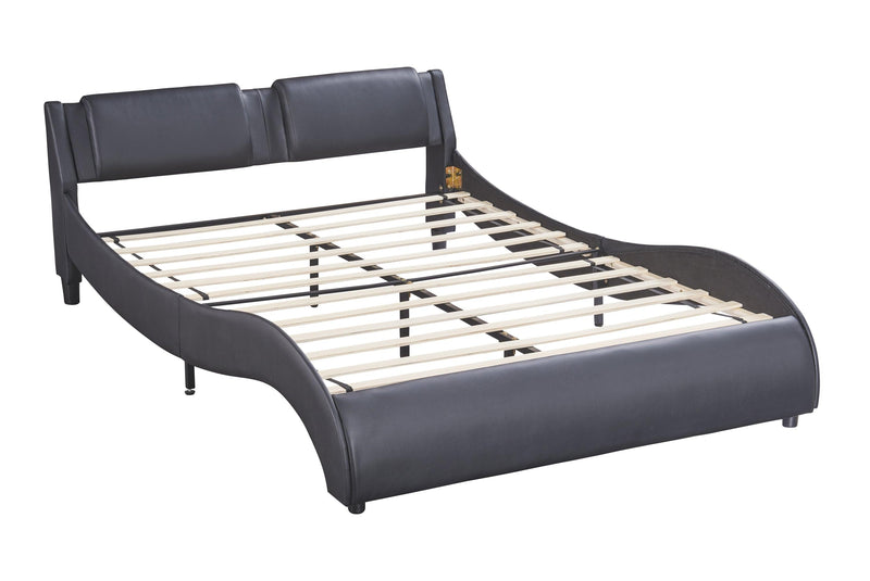 Queen Size Upholstered Faux Leather Platform Bed with LED Light Bed Frame with Slatted - Black - Supfirm