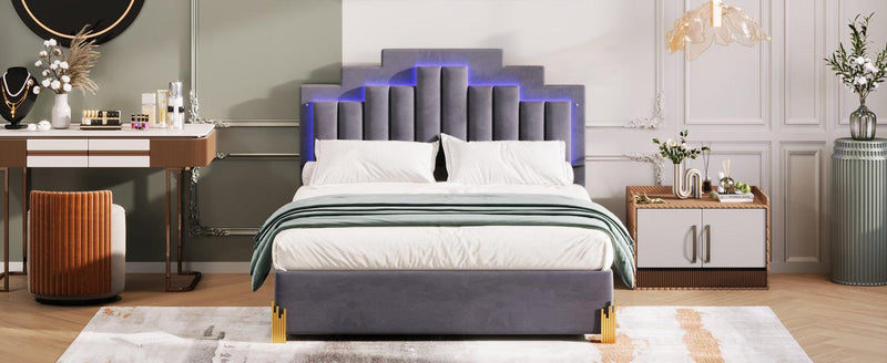 Queen Size Upholstered Platform Bed with LED Lights and 4 Drawers, Stylish Irregular Metal Bed Legs Design, Gray - Supfirm