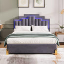 Queen Size Upholstered Platform Bed with LED Lights and 4 Drawers, Stylish Irregular Metal Bed Legs Design, Gray - Supfirm