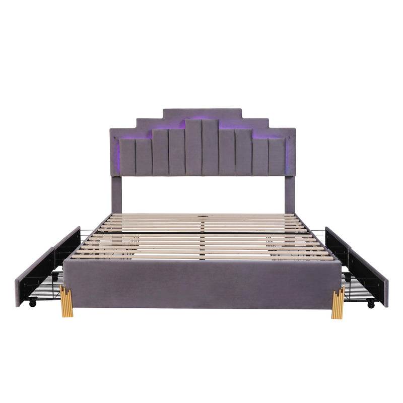 Queen Size Upholstered Platform Bed with LED Lights and 4 Drawers, Stylish Irregular Metal Bed Legs Design, Gray - Supfirm