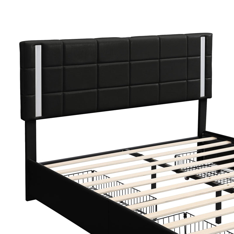 Queen Size Upholstered Platform Bed with LED Lights and USB Charging, Storage Bed with 4 Drawers, Black(Old SKU:WF302558AAB) - Supfirm