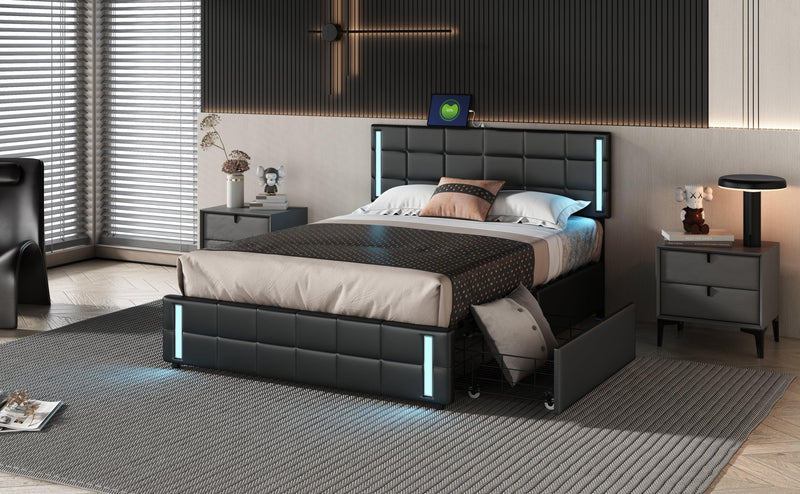 Queen Size Upholstered Platform Bed with LED Lights and USB Charging, Storage Bed with 4 Drawers, Black(Old SKU:WF302558AAB) - Supfirm