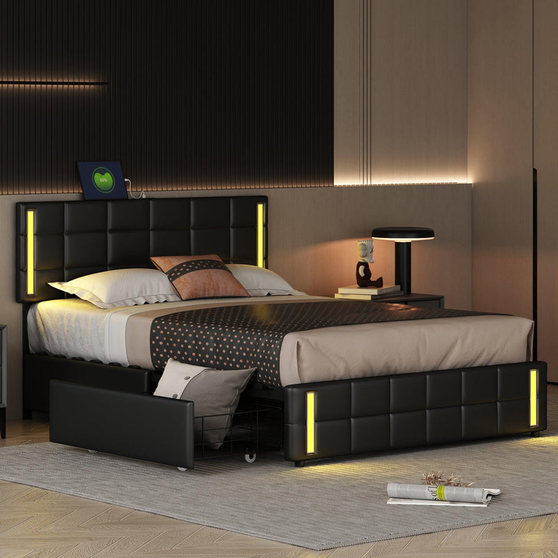 Queen Size Upholstered Platform Bed with LED Lights and USB Charging, Storage Bed with 4 Drawers, Black(Old SKU:WF302558AAB) - Supfirm