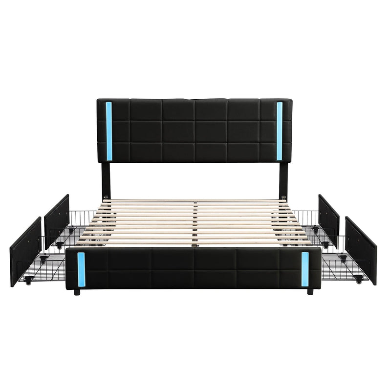 Queen Size Upholstered Platform Bed with LED Lights and USB Charging, Storage Bed with 4 Drawers, Black(Old SKU:WF302558AAB) - Supfirm