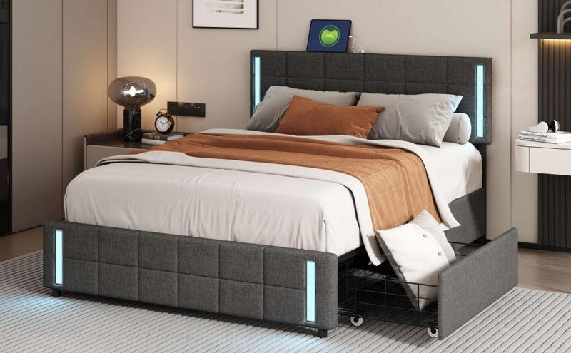 Queen Size Upholstered Platform Bed with LED Lights and USB Charging, Storage Bed with 4 Drawers, Gray(Linen) - Supfirm