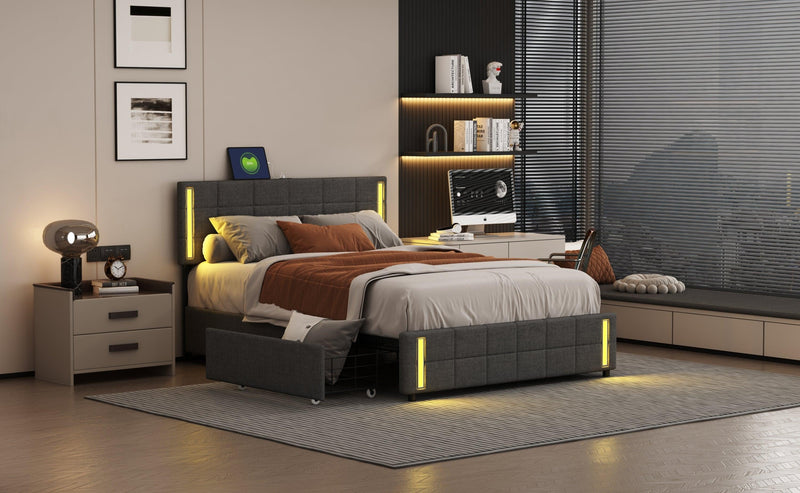 Queen Size Upholstered Platform Bed with LED Lights and USB Charging, Storage Bed with 4 Drawers, Gray(Linen) - Supfirm