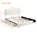 Queen Size Upholstered Platform Bed with LED Lights and USB Charging, Storage Bed with 4 Drawers, White - Supfirm