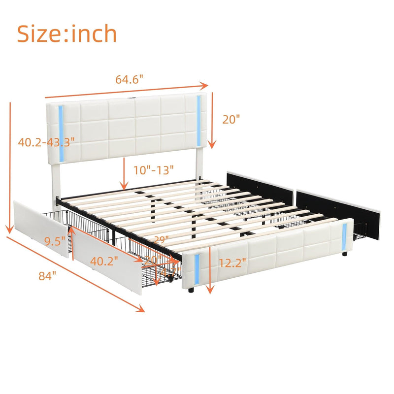 Queen Size Upholstered Platform Bed with LED Lights and USB Charging, Storage Bed with 4 Drawers, White - Supfirm