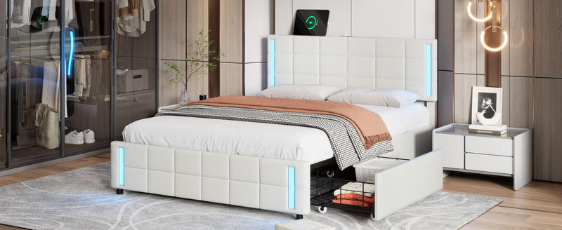 Queen Size Upholstered Platform Bed with LED Lights and USB Charging, Storage Bed with 4 Drawers, White - Supfirm