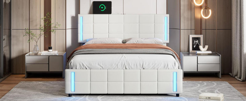 Queen Size Upholstered Platform Bed with LED Lights and USB Charging, Storage Bed with 4 Drawers, White - Supfirm