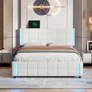 Queen Size Upholstered Platform Bed with LED Lights and USB Charging, Storage Bed with 4 Drawers, White - Supfirm