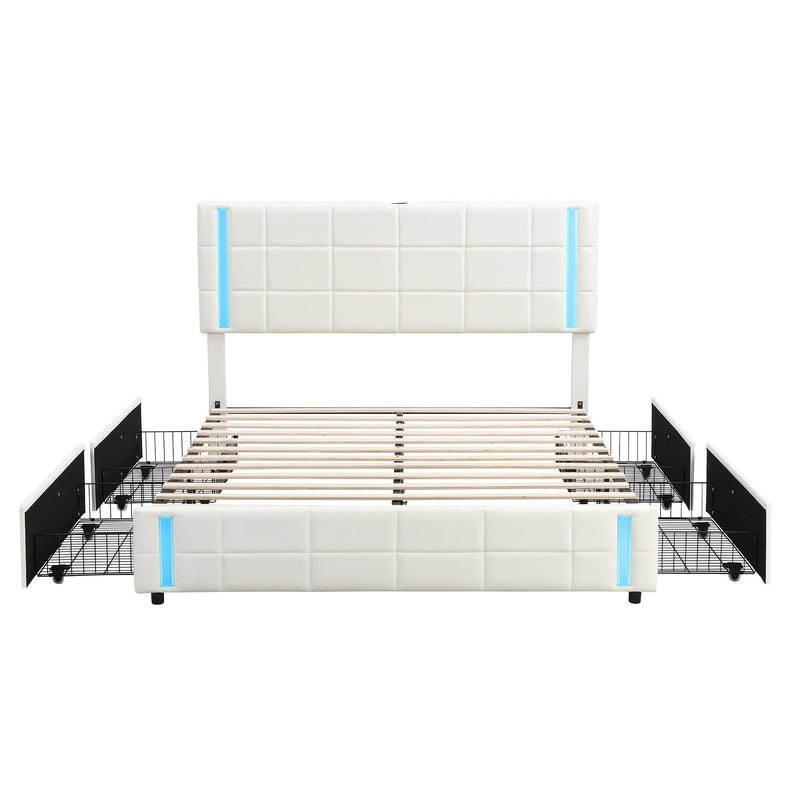 Queen Size Upholstered Platform Bed with LED Lights and USB Charging, Storage Bed with 4 Drawers, White - Supfirm